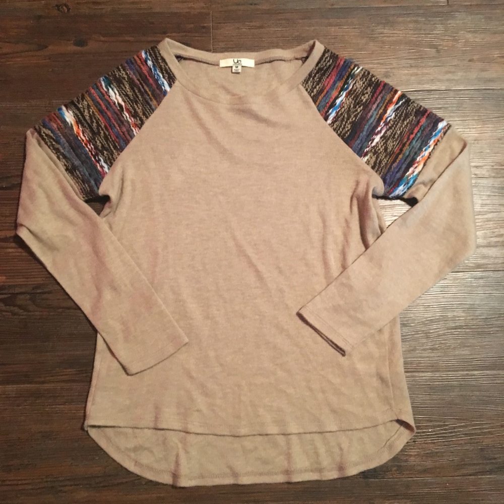 Tan long-sleeve with patterned shoulders